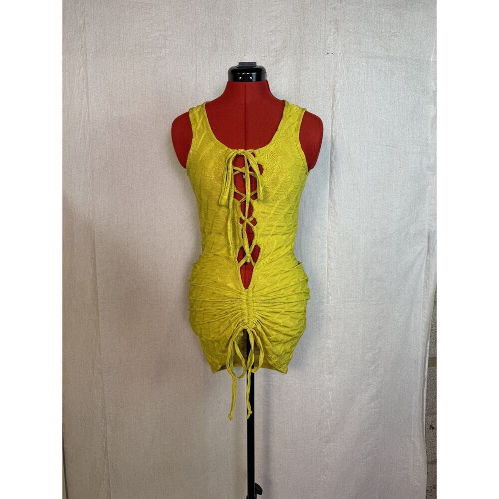 Pretty Little Thing Ruched Strappy Mini Dress Tie Size 6 Yellow D187